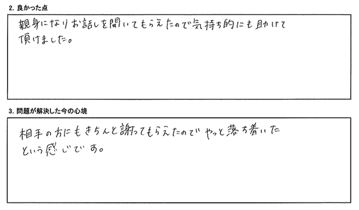 親身になりお話を聞いてもらえたので気持ち的にも助けて頂けました